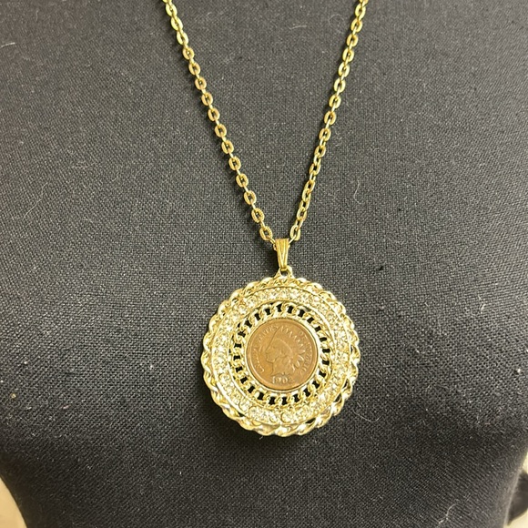 Copper 1902 Indian Head Penny Pendant Rhinestone Gold Rope Twist Necklace - Picture 4 of 7